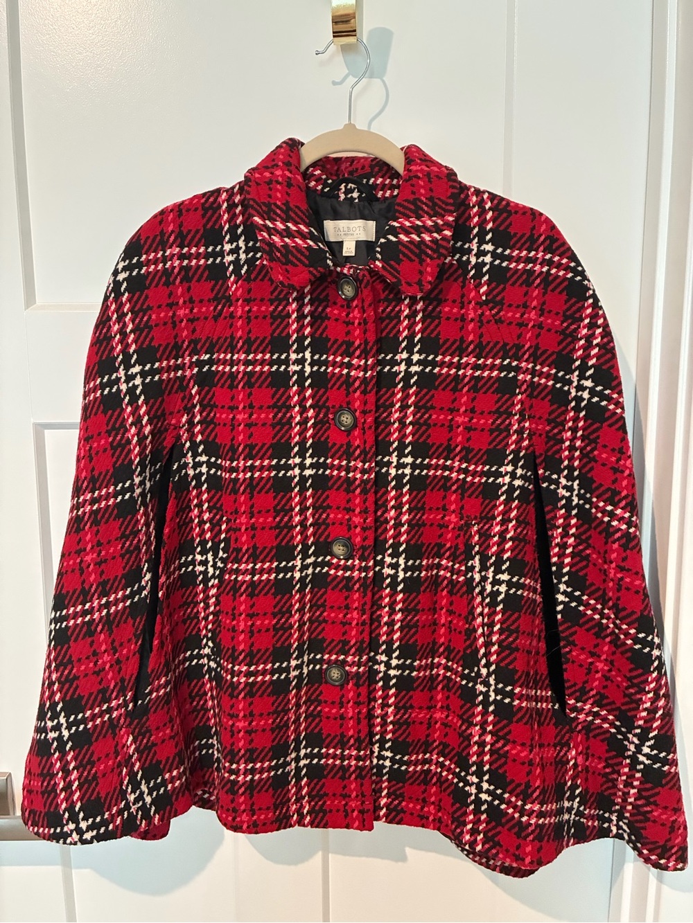Talbots Red Plaid Wool Blend Button-Front Cape